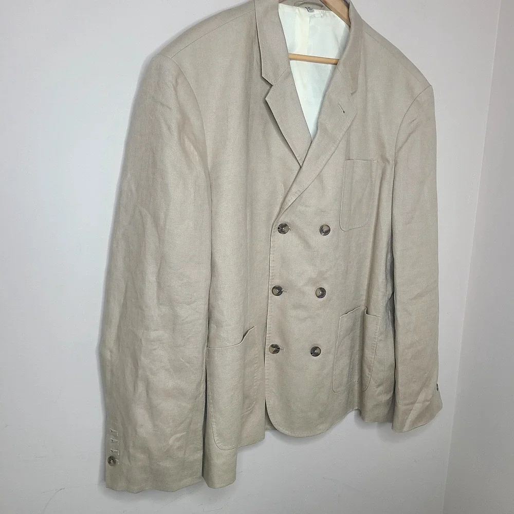J. Peterman Men Size 52 Tan Linen Double Breasted Suit Jacket Blazer Sport Coat